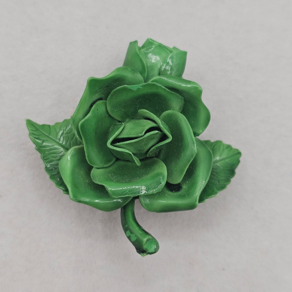 Vintage Green Rose Brooch Floral Leaf Kitschy Mid Century Retro 2 inch Pin